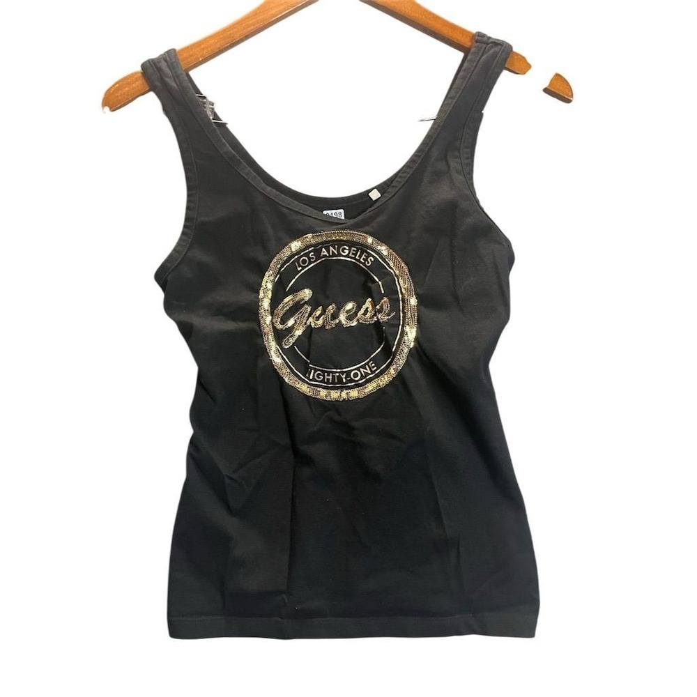 Guess Women's Y2K Vintage Mcbling Logo Black Tank Top Size S 90s Hip‎ Hop